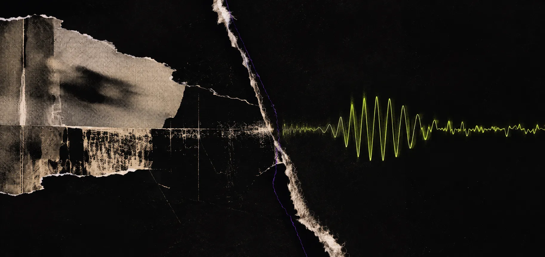Torn evidence fragments and an observed eye break across a seam into a chartreuse signal on an obsidian field.