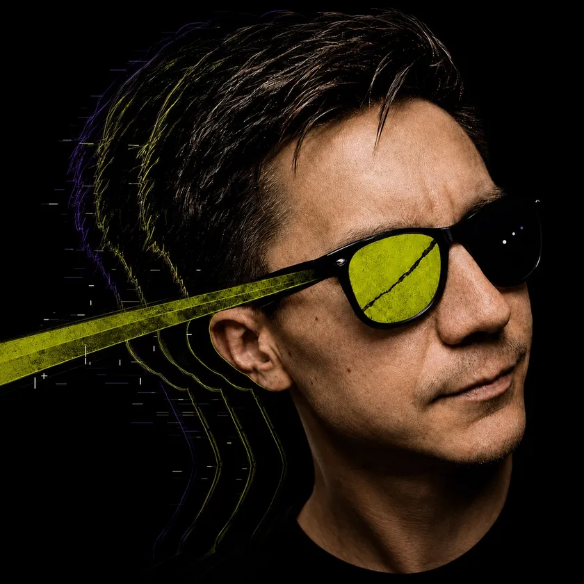 Portrait of Yury Nabokov wearing black sunglasses with a chartreuse lens treatment against a black background.